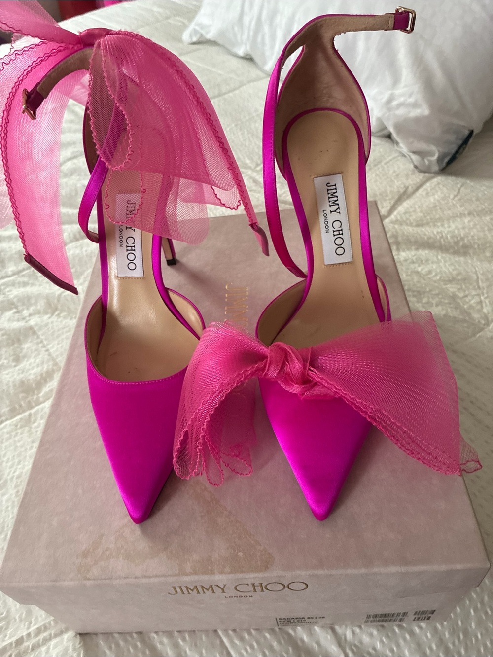 Women’s Jimmy Choo Hot Pink Satin Ankle-Strap Stiletto Heels with Bow